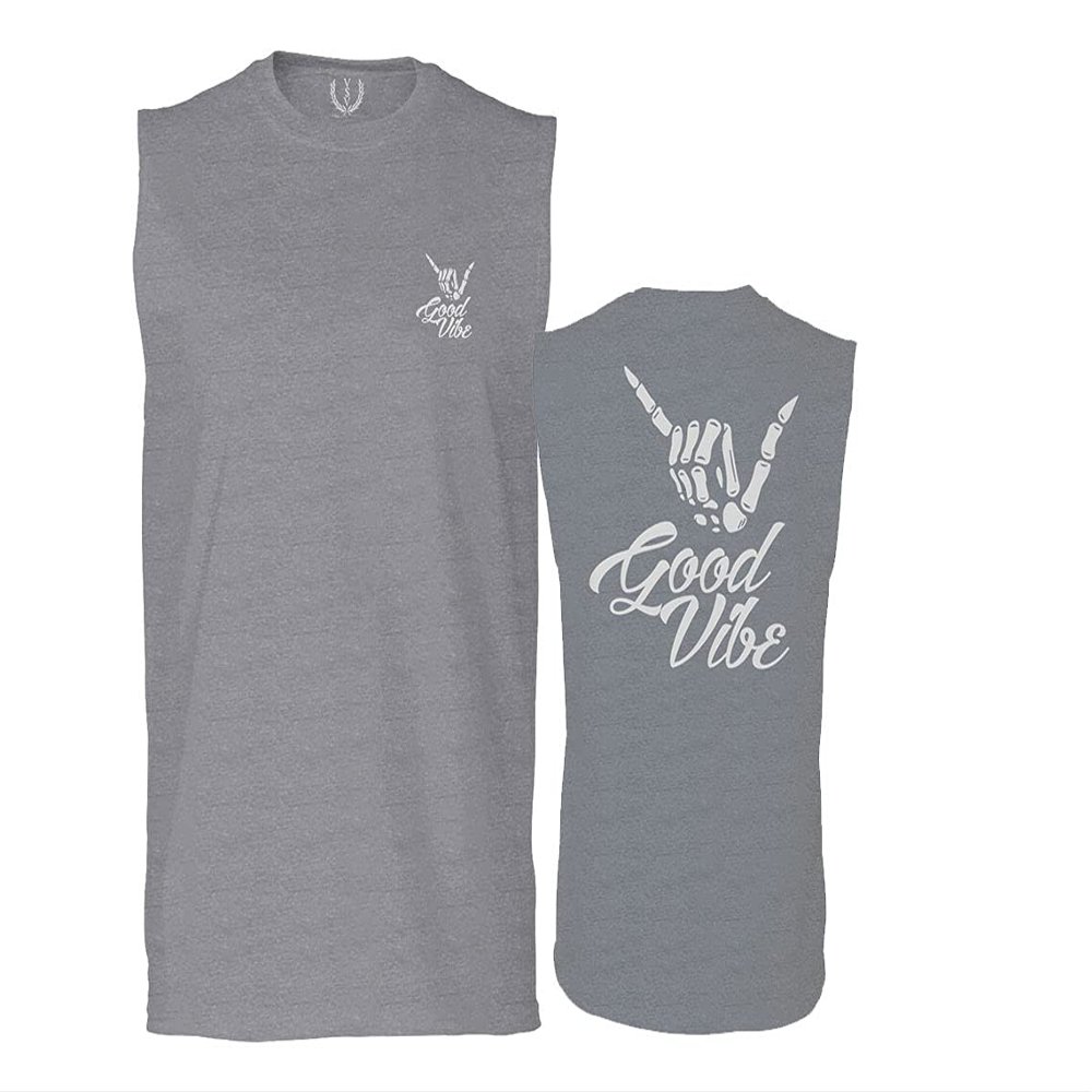 0153. Good Vibe Society Bones Hand Shaka Cool Vintage Graphic Men's Muscle Tank Sleeveles t Shirt (Light Gray X Large)