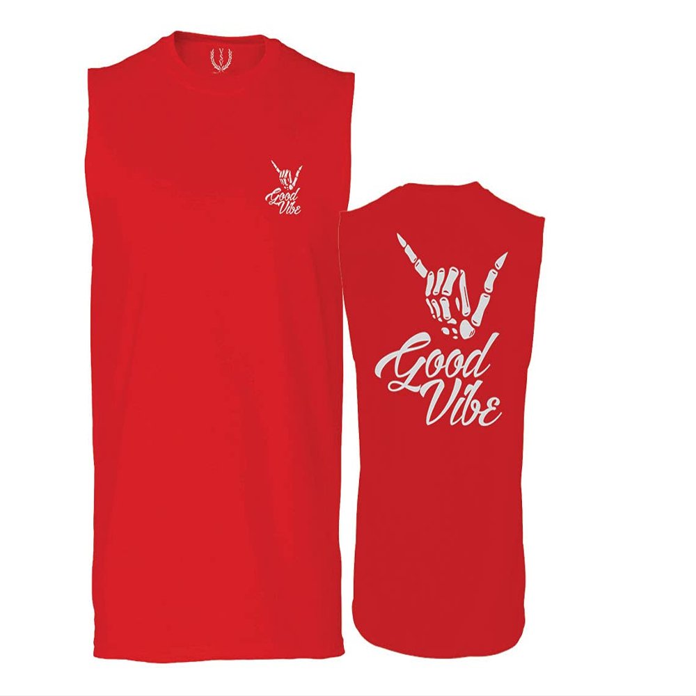 0153. Good Vibe Society Bones Hand Shaka Cool Vintage Graphic Men's Muscle Tank Sleeveles t Shirt (Red X Large)
