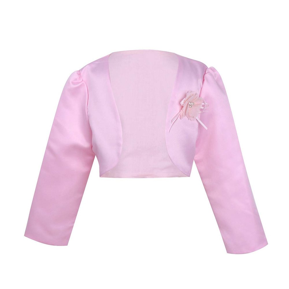 Freebily Kids Girls' Long Sleeves Beaded Cardigan Bolero Jacket Pearls Shrug Short Flower Girls Dress Cover Up Pink 12-18 Months