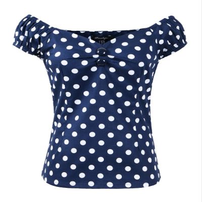 1950s Vintage Retro Dolores Top Rockabilly Pinup (US8, Navy/White Polka Dot)