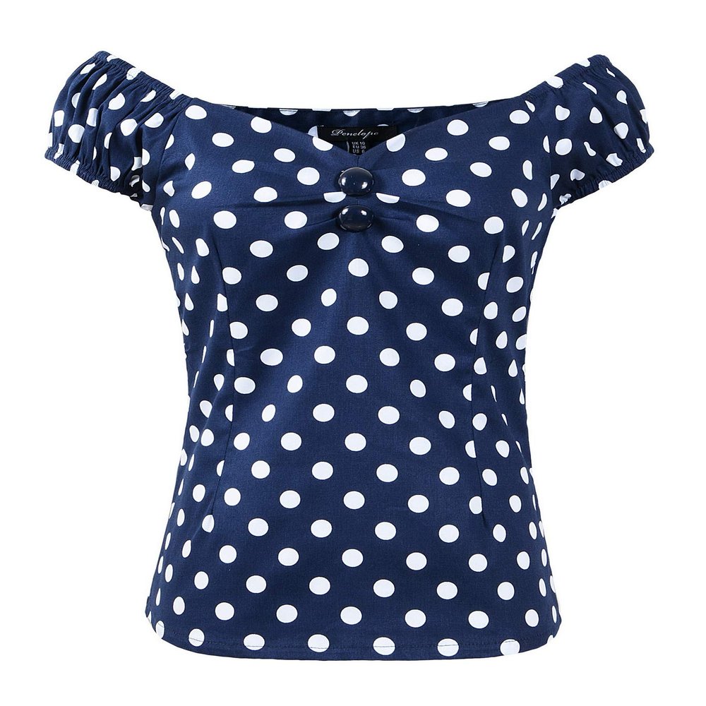 1950s Vintage Retro Dolores Top Rockabilly Pinup (US6, Navy/White Polka Dot)