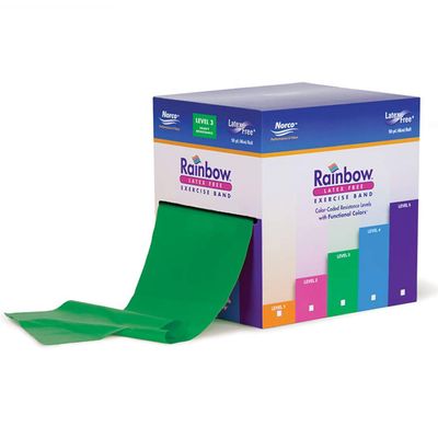 50 yard roll Latex-Free Norco Rainbow Resistance Band, No Powder, No Odor. 5 Levels Light to Super Heavy. Use for Rehabilitation, Physical Therapy, Home-Gym Exercise, Fitness, Strength. Green Level 3.