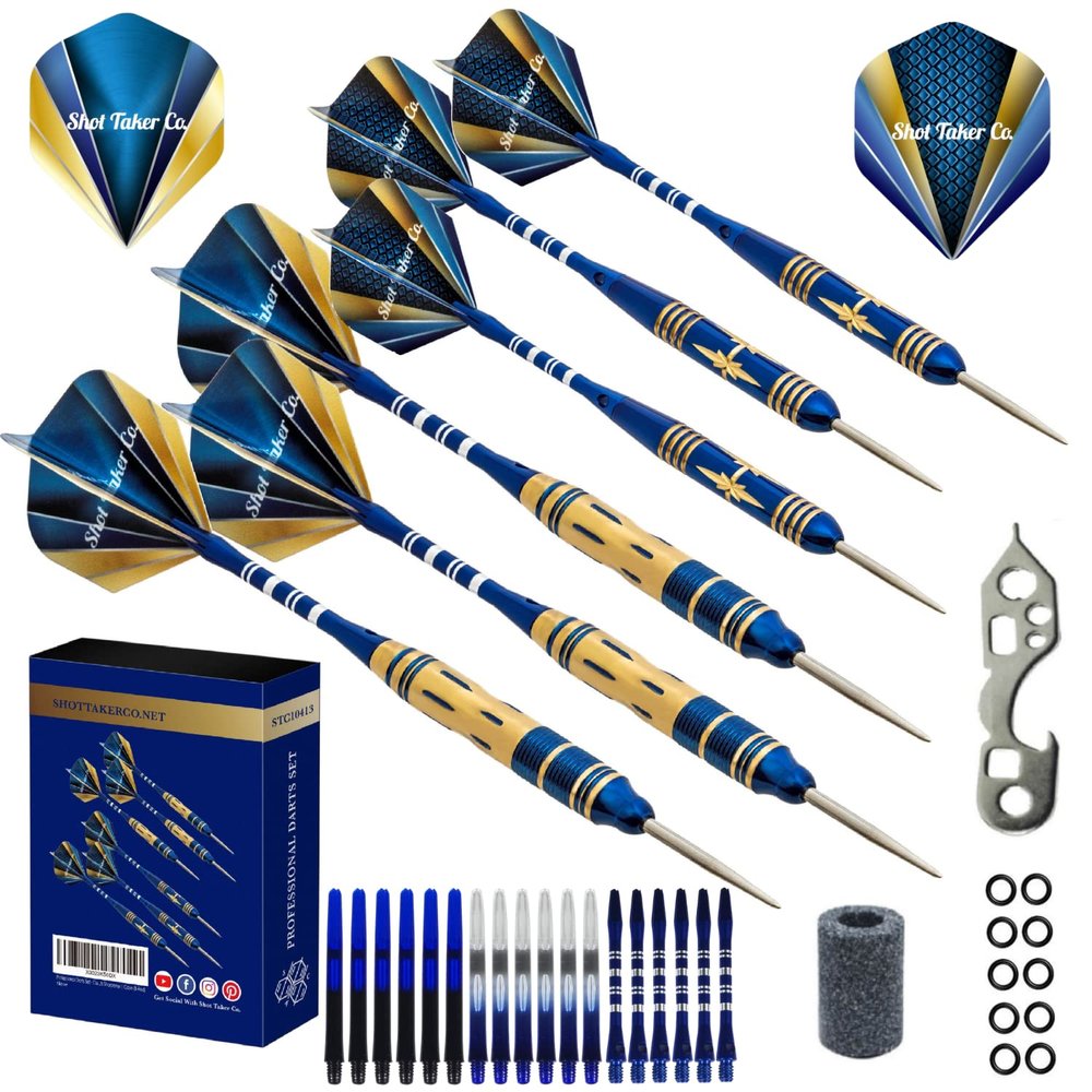 SHOT TAKER CO. EST. 2017 6pc Steel Tip Darts Set - Professional Darts for Dartboard - Includes Barrels + Plastic/Aluminum Shafts + O'Rings + Flights + Sharpener + Wrench (21g-Blue C-10413)