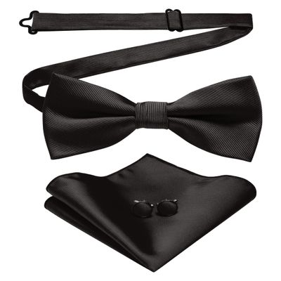 JEMYGINS Black Bow Tie Silk Bowtie and Pocket Square Hankerchief With Cufflinks Sets for Men(2)