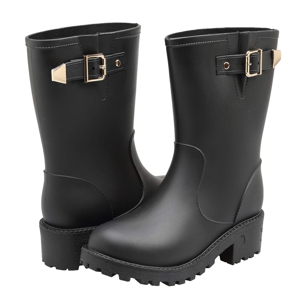 EYUSHIJIA Women's Short Rain Boots Waterproof Slip On Ankle Chelsea Booties (8 B(M), Black-B)