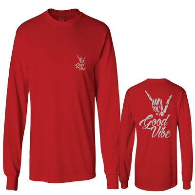 0153. Good Vibe Society Bones Hand Shaka Cool Vintage Graphic Men's Long Sleeve t Shirt (Red, X-Large)
