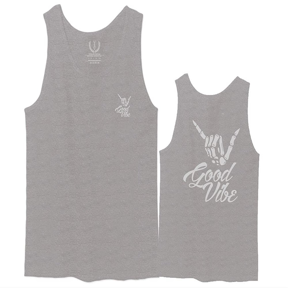 0153. Good Vibe Society Bones Hand Shaka Cool Vintage Graphic Men's Tank Top (Light Gray Large)