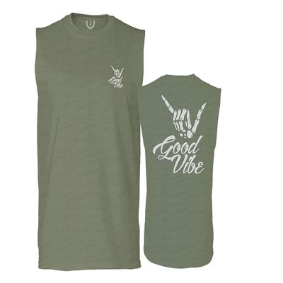 0153. Good Vibe Society Bones Hand Shaka Cool Vintage Graphic Men's Muscle Tank Sleeveles t Shirt (Olive Medium)