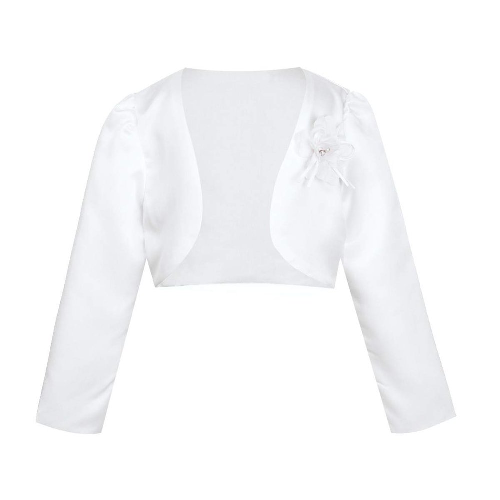 Freebily Kids Girls' Long Sleeves Beaded Cardigan Bolero Jacket Pearls Shrug Short Flower Girls Dress Cover Up White 7-8