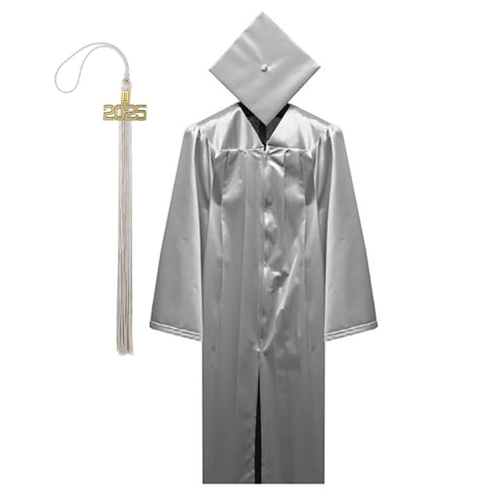 Tassel Depot - Graduation Cap and Gown Set with Customizable Tassel Year - Made in USA - Perfect for High School or College - Silver (Medium)