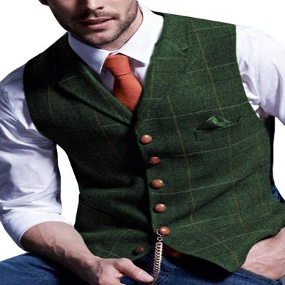 Aesido Casual Men's Vest for Wedding Plaid Soft Wool Tweed Waistcoat for Groosmen Best Man Green XL