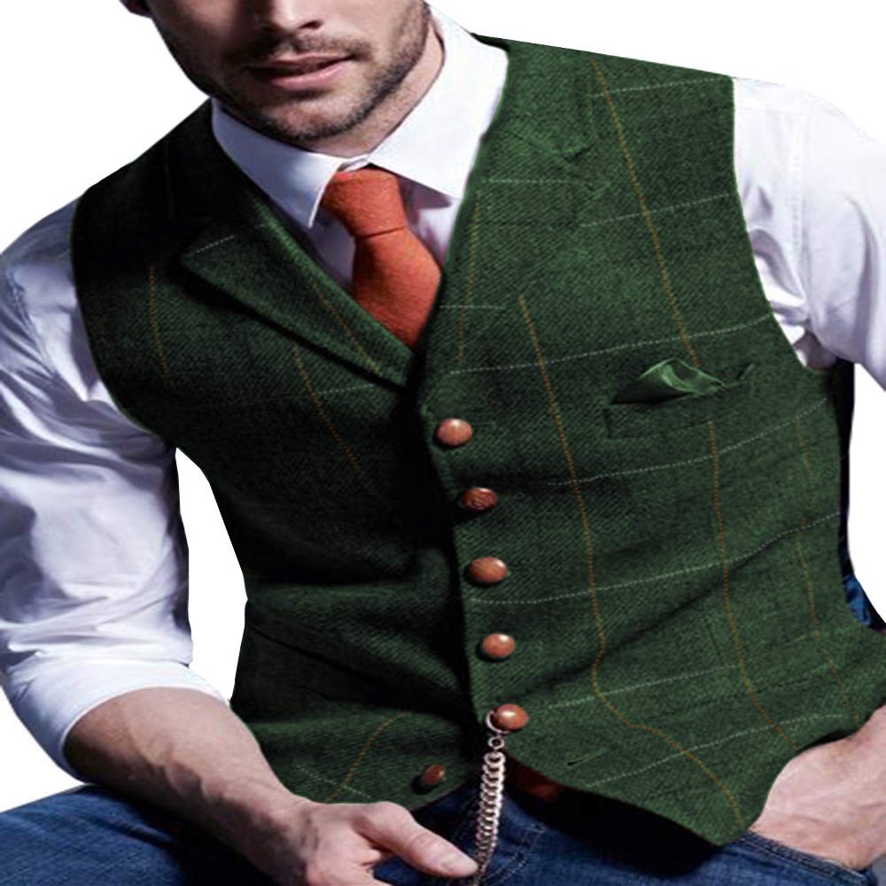 Aesido Casual Men's Vest for Wedding Plaid Soft Wool Tweed Waistcoat for Groosmen Best Man Green XL