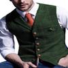 Aesido Casual Men's Vest for Wedding Plaid Soft Wool Tweed Waistcoat for Groosmen Best Man Green XL view 1
