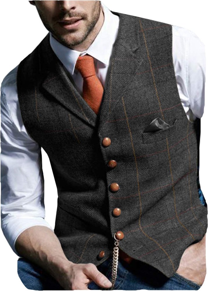 Aesido Casual Men's Vest for Wedding Plaid Soft Wool Tweed Waistcoat for Groosmen Best Man Black XXXL