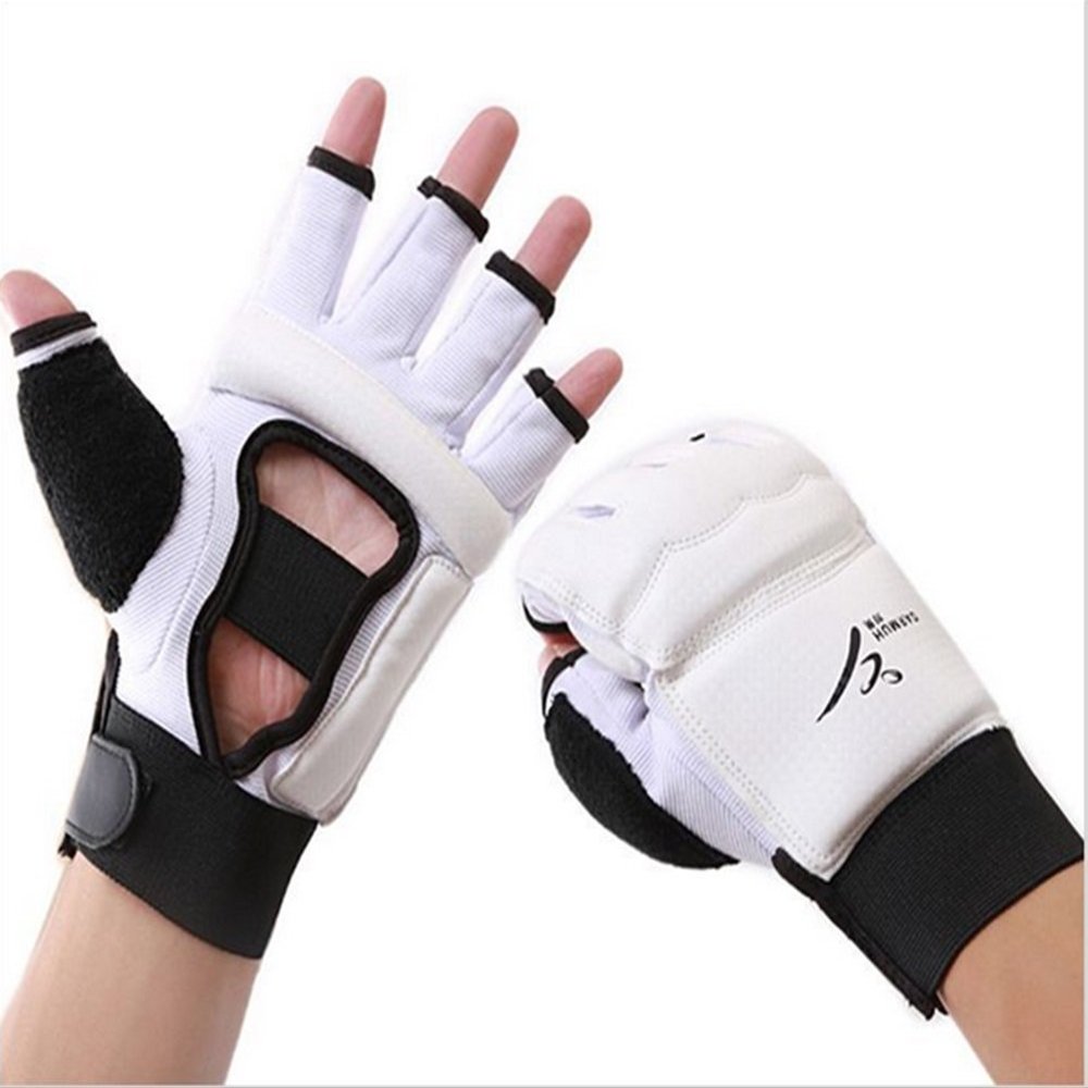 Baselay Taekwondo Gloves, WTF Approved Muay Thai Sandbag Boxing Training Punching Bag Half Mitts Sparring Martial Arts Karate Fighting Half Finger Glove for Men Women Kids (White, Large)