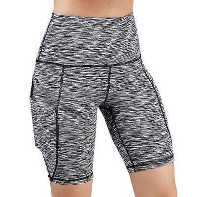 JOFOW Womens Cycling Shorts Solid Skinny Stretch Side Pocket Leggings Thigh Length Slim Workout Fitness Sports Mini Pants (S,Gray)