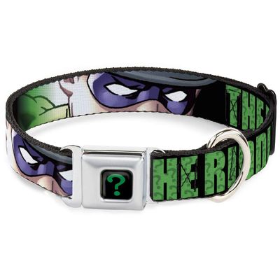 Dog Collar Seatbelt Buckle The Riddler Face Close Up Black Green 13 to 18 Inches 1.5 Inch Wide