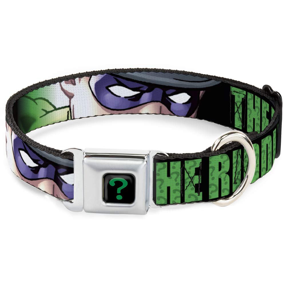 Dog Collar Seatbelt Buckle The Riddler Face Close Up Black Green 13 to 18 Inches 1.5 Inch Wide