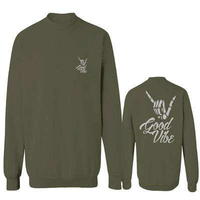 0153. Good Vibe Society Bones Hand Shaka Cool Vintage Graphic Men's Crewneck Sweatshirt (Olive, X-Large)