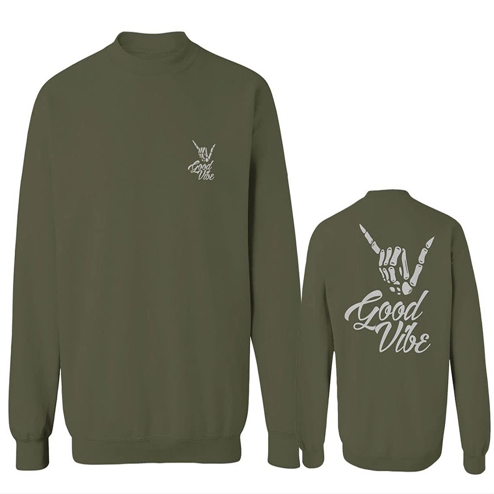 0153. Good Vibe Society Bones Hand Shaka Cool Vintage Graphic Men's Crewneck Sweatshirt (Olive, X-Large)