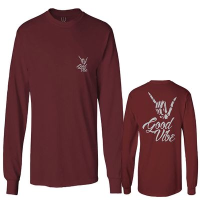 0153. Good Vibe Society Bones Hand Shaka Cool Vintage Graphic Men's Long Sleeve t Shirt (Maroon X-Large)