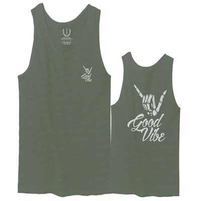0153. Good Vibe Society Bones Hand Shaka Cool Vintage Graphic Men's Fitted Tank Top (Olive, 2X-Large)