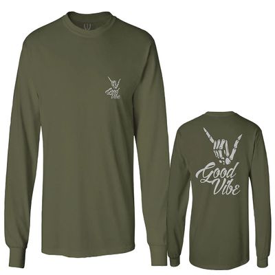 0153. Good Vibe Society Bones Hand Shaka Cool Vintage Graphic Men's Long Sleeve t Shirt (Olive, 2X Large)
