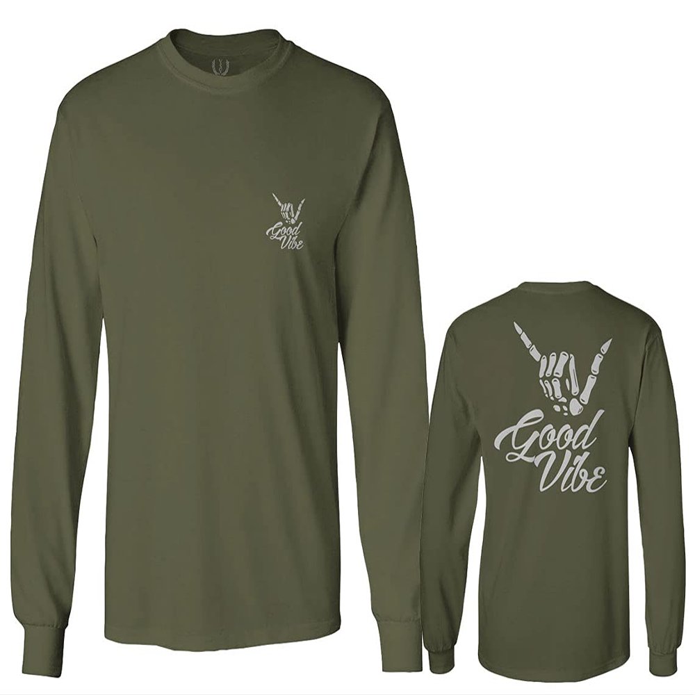 0153. Good Vibe Society Bones Hand Shaka Cool Vintage Graphic Men's Long Sleeve t Shirt (Olive, 2X Large)