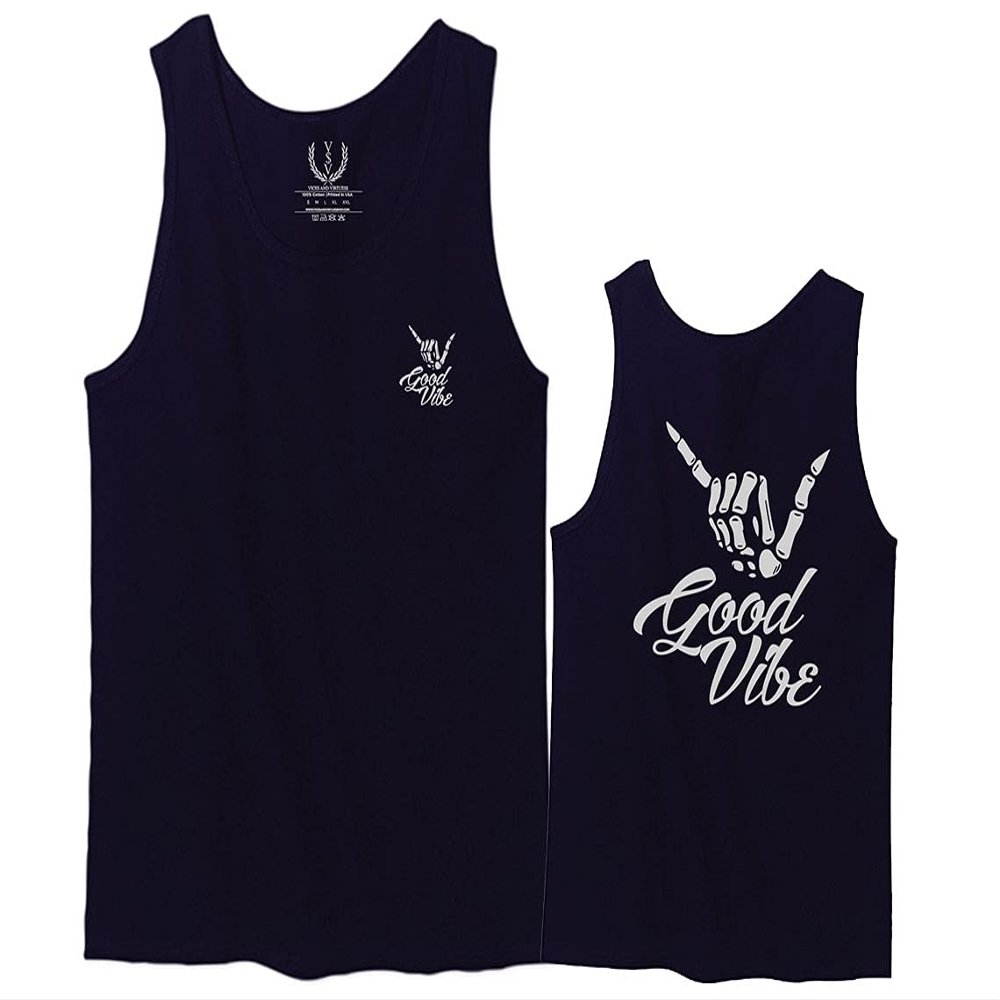 0153. Good Vibe Society Bones Hand Shaka Cool Vintage Graphic Men's Tank Top (Navy Blue, Small)