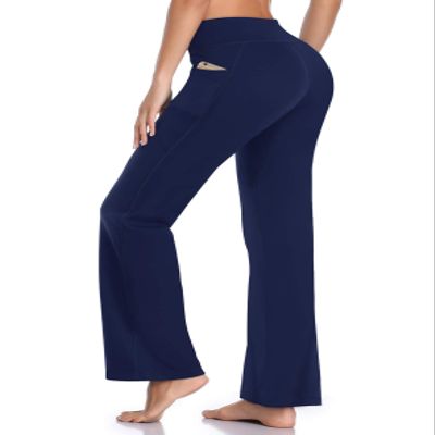 HISKYWIN Side Pockets Yoga Pants 4 Way Stretch Tummy Control Workout Running Pants, Long Bootleg Flare Pants HF201-Navy Blue-L