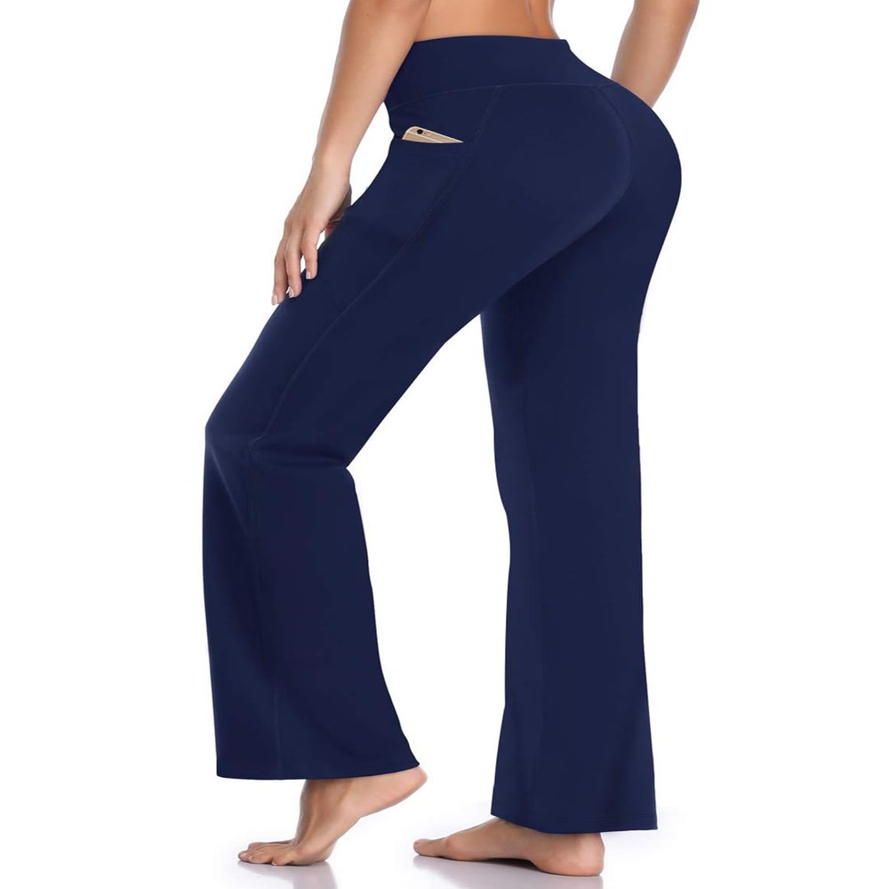 HISKYWIN Side Pockets Yoga Pants 4 Way Stretch Tummy Control Workout Running Pants, Long Bootleg Flare Pants HF201-Navy Blue-L