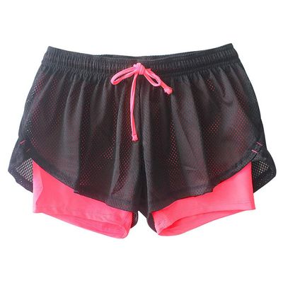 JOFOW Womens Sports Shorts Solid Mesh Patchwork Fake 2PC Mini Pants Breathable Quick Dry Loose Comfy Workout Running Joggers (S,Black & Hot Pink)