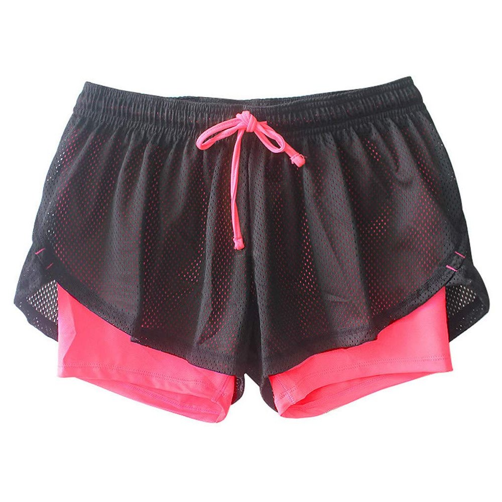 JOFOW Womens Sports Shorts Solid Mesh Patchwork Fake 2PC Mini Pants Breathable Quick Dry Loose Comfy Workout Running Joggers (S,Black & Hot Pink)