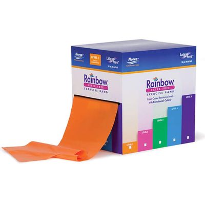 50 yard roll Latex-Free Norco Rainbow Resistance Band, No Powder, No Odor. 5 Levels Light to Super Heavy. Use for Rehabilitation, Physical Therapy, Home-Gym Exercise, Fitness, Strength. Orange Level 1