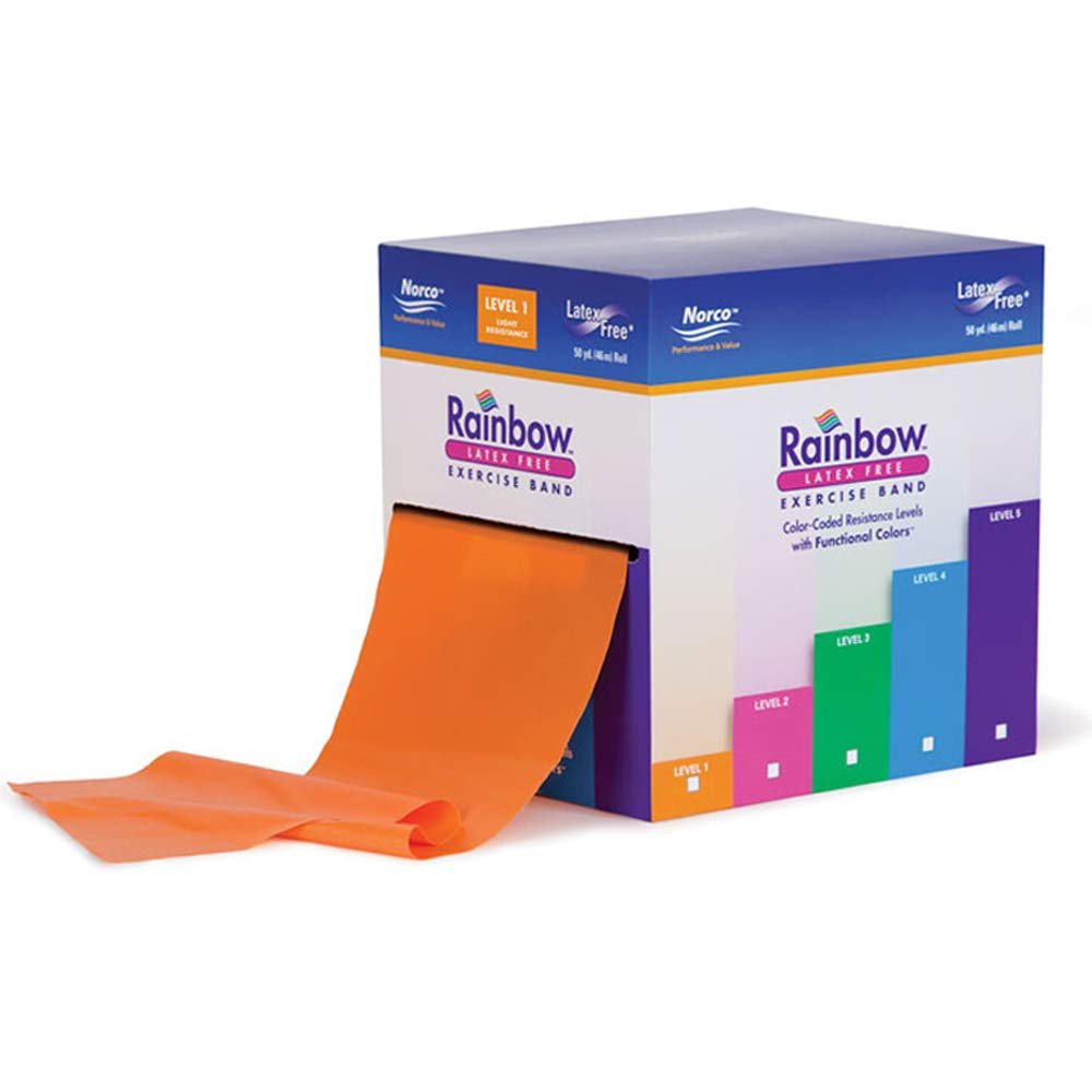 50 yard roll Latex-Free Norco Rainbow Resistance Band, No Powder, No Odor. 5 Levels Light to Super Heavy. Use for Rehabilitation, Physical Therapy, Home-Gym Exercise, Fitness, Strength. Orange Level 1