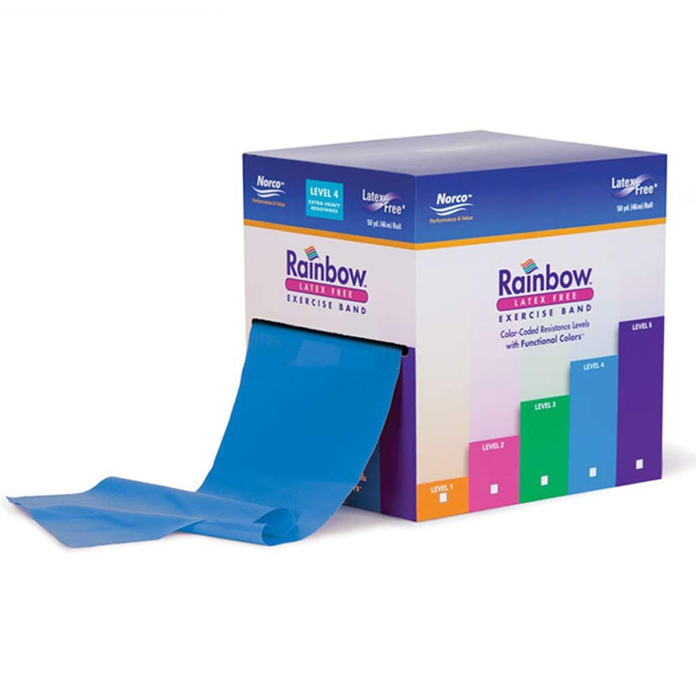 50 Yard roll Latex-Free Norco Rainbow Resistance Band, No Powder, No Odor. 5 Levels Light to Super Heavy. Use for Rehabilitation, Physical Therapy, Home-Gym Exercise, Fitness, Strength. Blue Level 4.