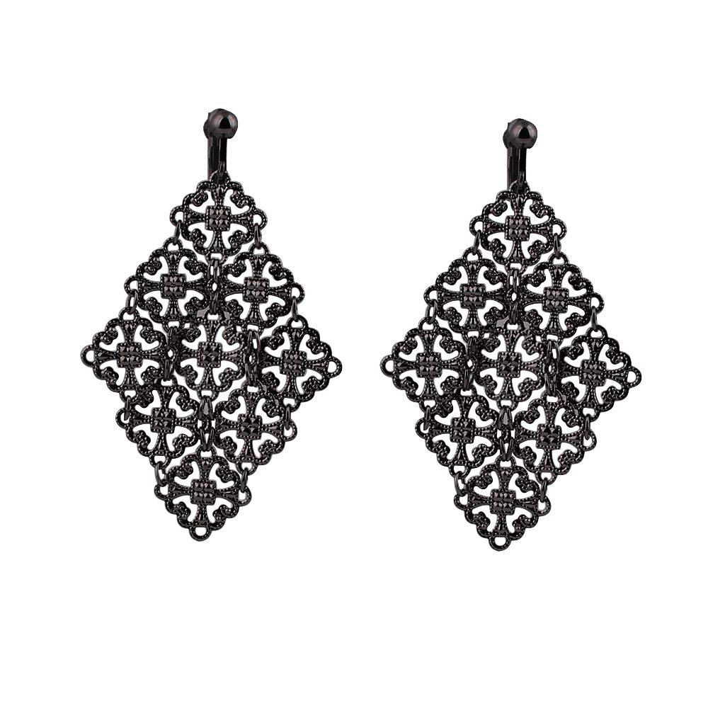 Handmade Gold Color Hollow-out Pattern Dangle Drop Earrings and Clip on Earrings No Pierced for Women (Gun black clip -on)