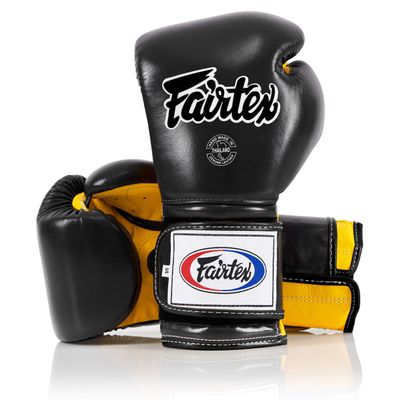 Fairtex Muay Thai Boxing Gloves BGV9 - Heavy Hitter Mexican Style Training & Sparring Gloves for Kick Boxing MMA K1 (Black/Yellow/Blk Piping, 16 oz)