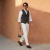 Aesido Casual Men's Vest for Wedding Plaid Soft Wool Tweed Waistcoat for Groosmen Best Man Grey S view 4