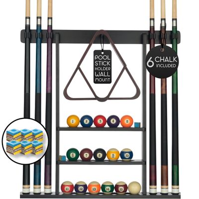 BILLIARDS XPRESS Pool Cue Rack - Pool Stick Holder Wall Mount With 16 Ball Holders & 6 Pack Of Chalk - Rubber Circle Pads & Large Clips Prevent Damage - Billiard Table Accessories For Man Cave (Black)