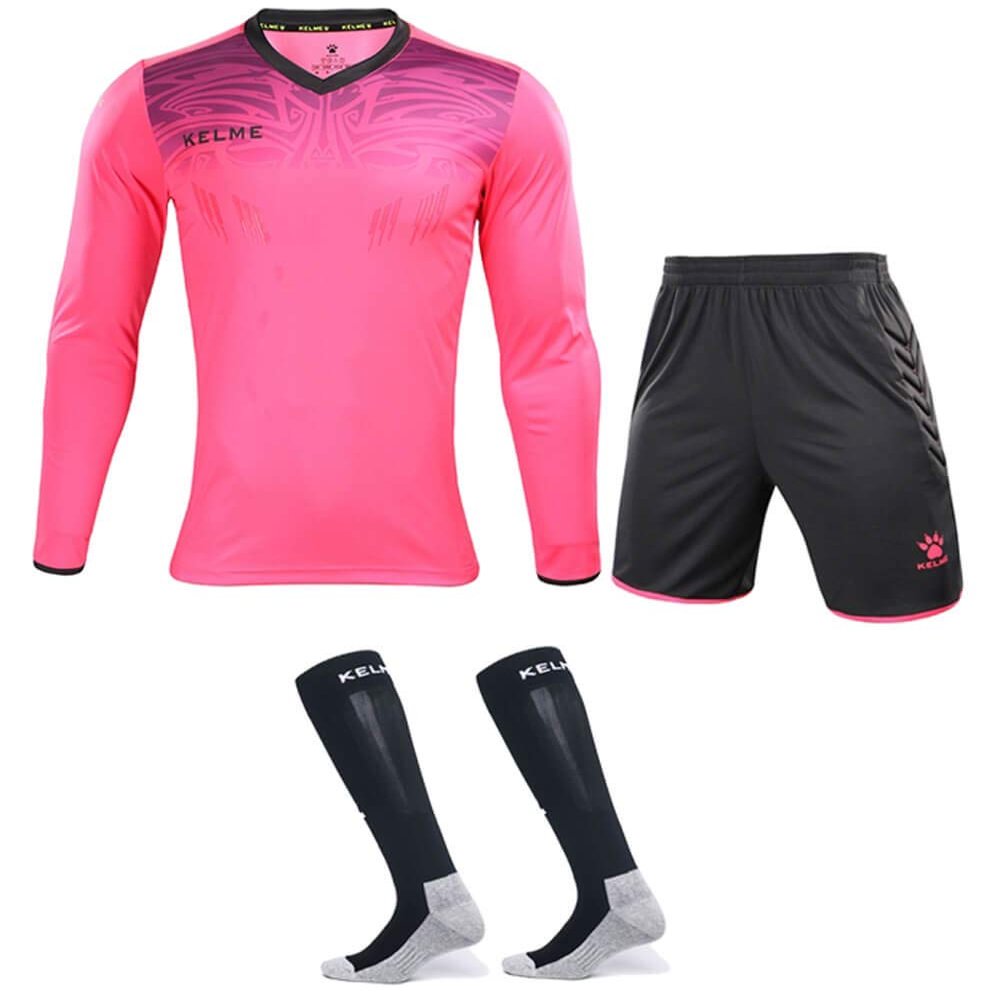 KELME Soccer Goalkeeper Jersey Uniform Kit - Mens Padded Football Goalie Jersey - Padded Shirt, Shorts and Socks Kids and Adult Sizes (Kids 6, Pink)
