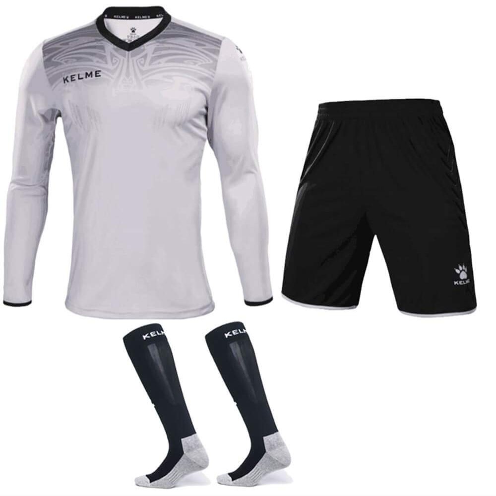 KELME Soccer Goalkeeper Jersey Uniform Kit - Mens Padded Football Goalie Jersey - Padded Shirt, Shorts and Socks Kids and Adult Sizes (Kids 10, Gray)