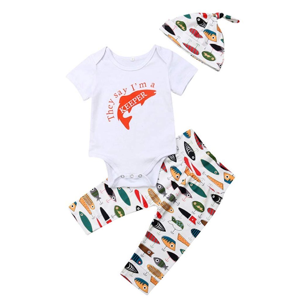 3Pcs Baby Boys Clothing Set, Daddy's Fishing Buddy Rompers Jumpsuit Top Fish Printed Pants Hat Outfits (White#, 3-6M)