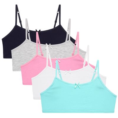Rene Rofe Girls Training Bra - 5 Pack Soft Stretch Tag Free Cami Style Cotton Bra for Girls with Adjustable Straps, Size 14, Asst. Solids