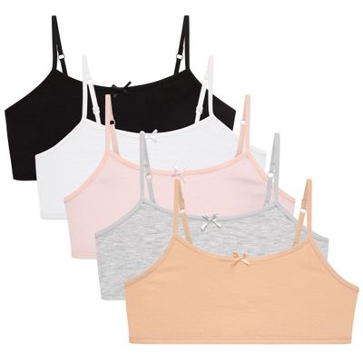 Rene Rofe Girls Training Bra - 5 Pack Soft Stretch Tag Free Cami Style Cotton Bra for Girls with Adjustable Straps, Size 14, Asst. Basics