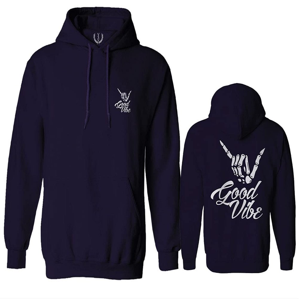 0153. Good Vibe Society Bones Hand Shaka Cool Vintage Graphic Sweatshirt Pullover Hoodie (Navy, Large)