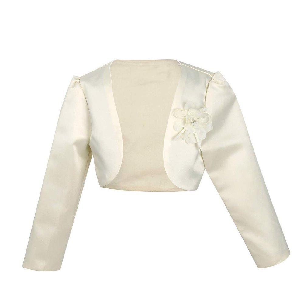 Freebily Kids Girls' Long Sleeves Beaded Cardigan Bolero Jacket Pearls Shrug Short Flower Girls Dress Cover Up Beige 8-9