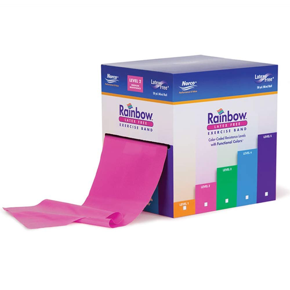 50 Yard roll Latex-Free Norco Rainbow Resistance Band, No Powder, No Odor. 5 Levels Light to Super Heavy. Use for Rehabilitation, Physical Therapy, Home-Gym Exercise, Fitness, Strength. Pink Level 2.