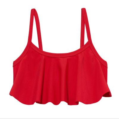 Made in USA Girls Flounce Bikini Top UPF50+ Sun Protection Toddler Bathing Suit Rash Guard for Beach Pool Swimwear, Red, 3T