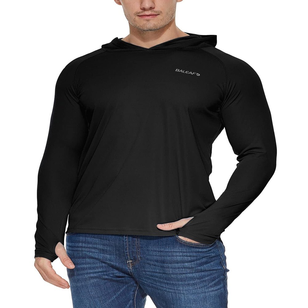 baleaf Men's UV SPF Hoodie Shirt UPF 50+ Sun Protection Long Sleeve T-Shirts Rash Guard Fishing Swimming Lightweight Black M